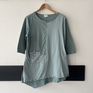 Neon Buddha Sage Green Asymmetrical Stripped Tunic Top‎ . Large
